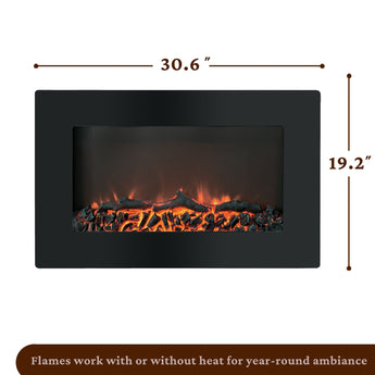 Cambridge | Callisto 30-In. Wall Mounted Flat Panel Electric Fireplace Heater with Remote Control, Realistic Flames, and Driftwood, Black