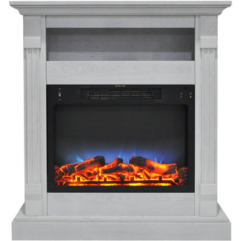 Cambridge | Sienna 34-In. Fireplace Mantel with Storage Shelf in White and LED Electric Heater Insert with Logs and Multicolor Flame