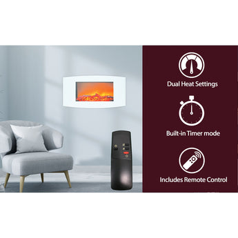 Cambridge | Callisto 35-In. Wall Mounted Curved Electric Fireplace Heater with Remote Control, Realistic Flames, and Driftwood, White