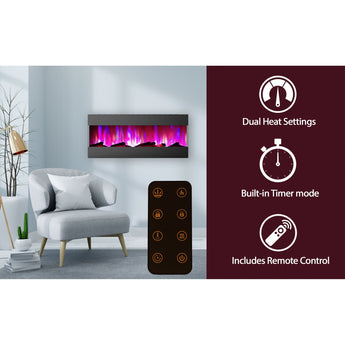 Cambridge | 50-In. Recessed Wall Mounted Electric Fireplace Heater with Remote Control, Multicolor Flames, and Crystal Rocks, White