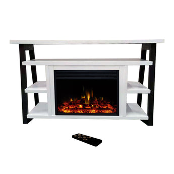 Cambridge | Sawyer 53-In. Fireplace TV Stand with Shelves in White and Electric Heater Insert in Black with Crystals, Multicolor Flame