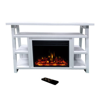 Cambridge | Sawyer 53-In. Fireplace TV Stand with Shelves in White and Electric Heater Insert in Black with Deep Logs, Colorful Flames