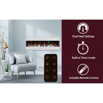 Cambridge | 60-In. Recessed Wall Mounted Electric Fireplace Heater with Remote Control, Multicolor Flames, and Crystal Rocks, Black