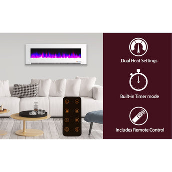 Cambridge | 60 In. Recessed Wall Mounted Electric Fireplace with Logs and LED Color Changing Display, White