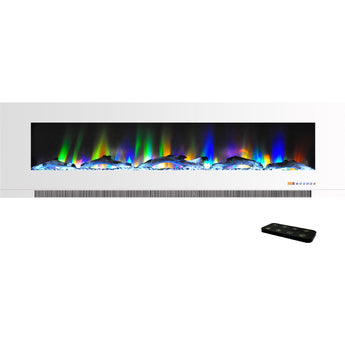 Cambridge | 60-In. Wall Mounted Electric Fireplace Heater with Remote Control, Multicolor Flames, and Crystal Rock Display, White