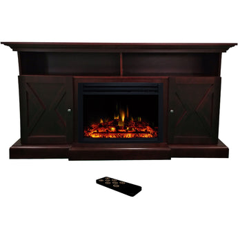 Cambridge | Summit 62-In. Farmhouse Fireplace TV Stand with Doors in Mahogany and 1500W Electric Heater Insert with Crystal Rocks