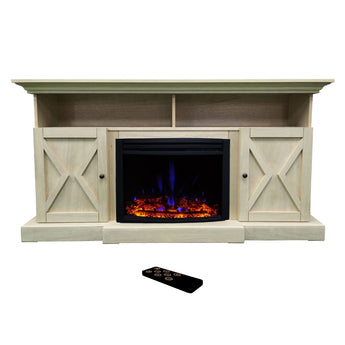 Cambridge | Summit 62-In. Farmhouse Fireplace TV Stand with Doors in Sandstone and 1500W Electric Heater Insert with Crystal Rocks