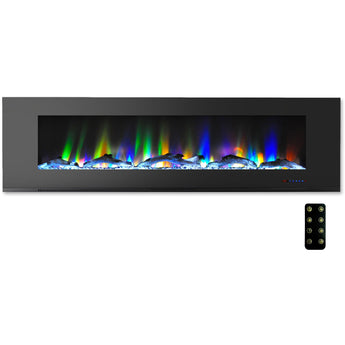 Cambridge | 60-In. Wall Mounted Electric Fireplace Heater with Remote Control, Multicolor Flames, and Driftwood Log Display, White