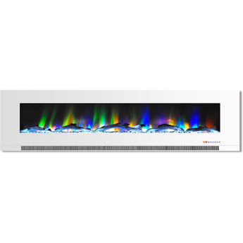 Cambridge | 78-In. Wall Mounted Electric Fireplace Heater with Remote Control, Multicolor Flames, and Crystal Rock Display, White