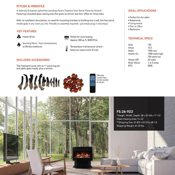 Sierra Flame by Amantii | 3 Sided Panoramic Freestanding, 26-Inch Electric Stove with 10 pc Oak Log Set